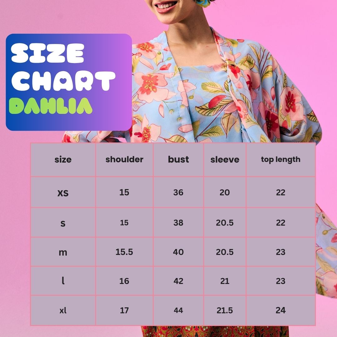 Size chart for Kebaya Dahlia - Top Only