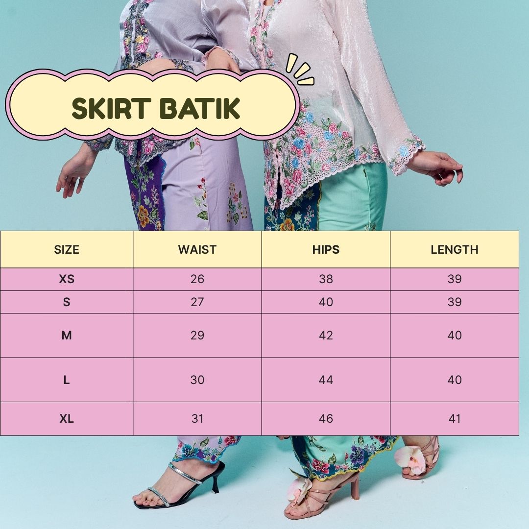 Size chart for Skirt Batik Delilah - Skirt Only