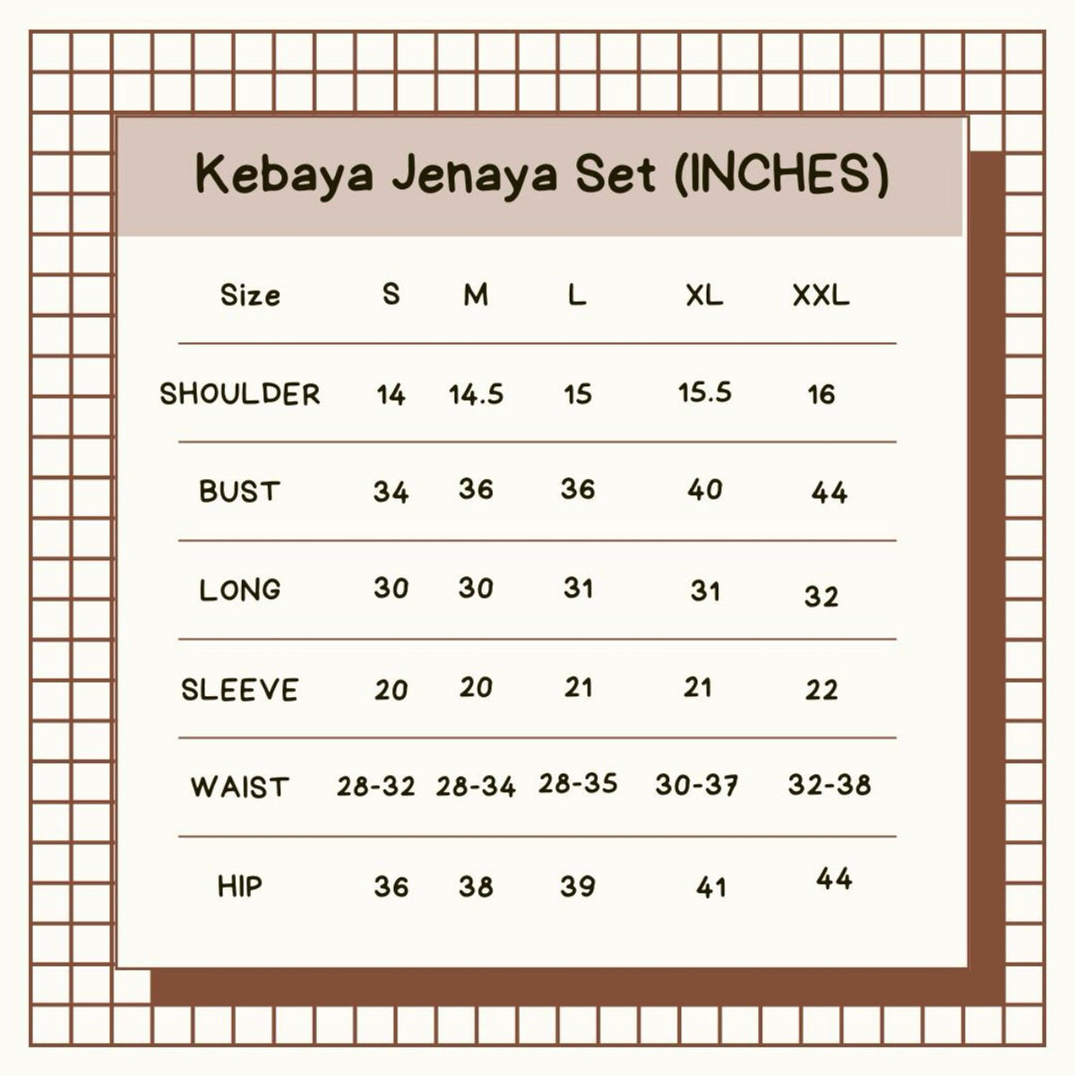 Size chart for Kebaya Jenaya bunga besar with brooch - Top Only