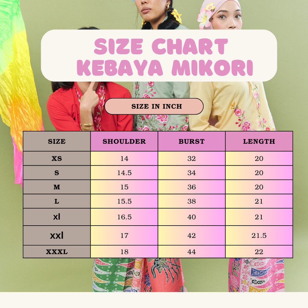 Size chart for Kebaya Mikori - Top Only