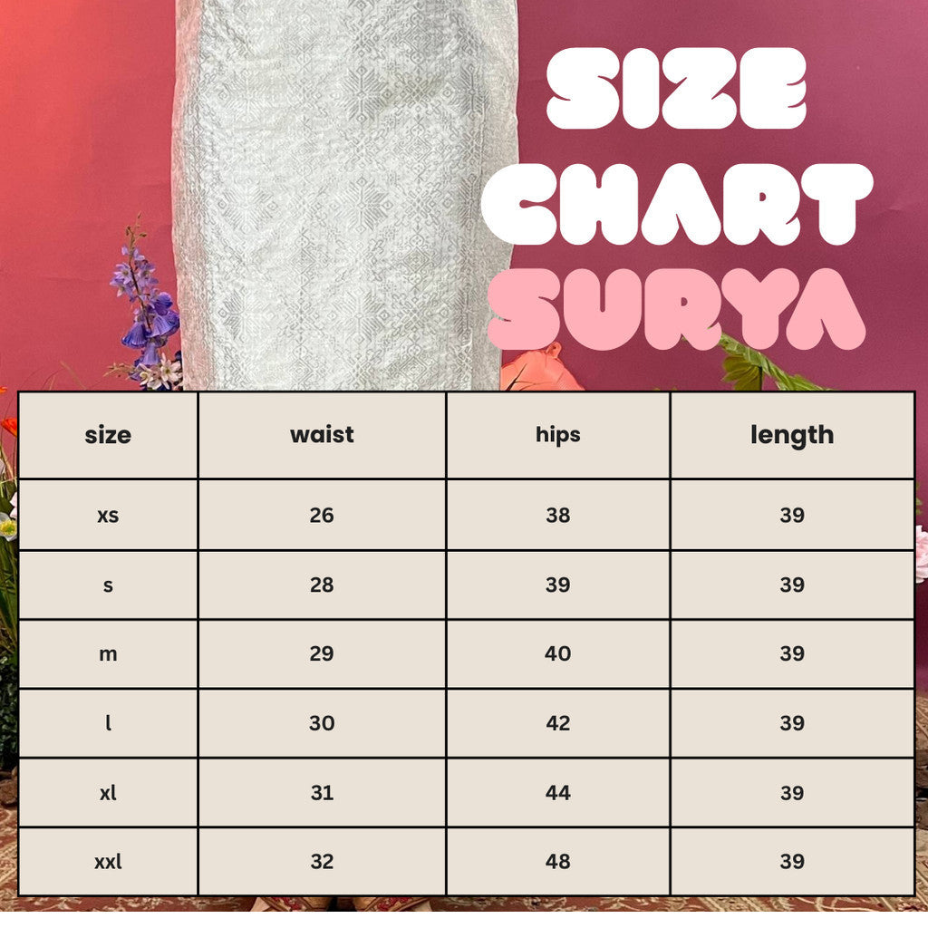 Size chart for Skirt Songket Surya - Skirt Only