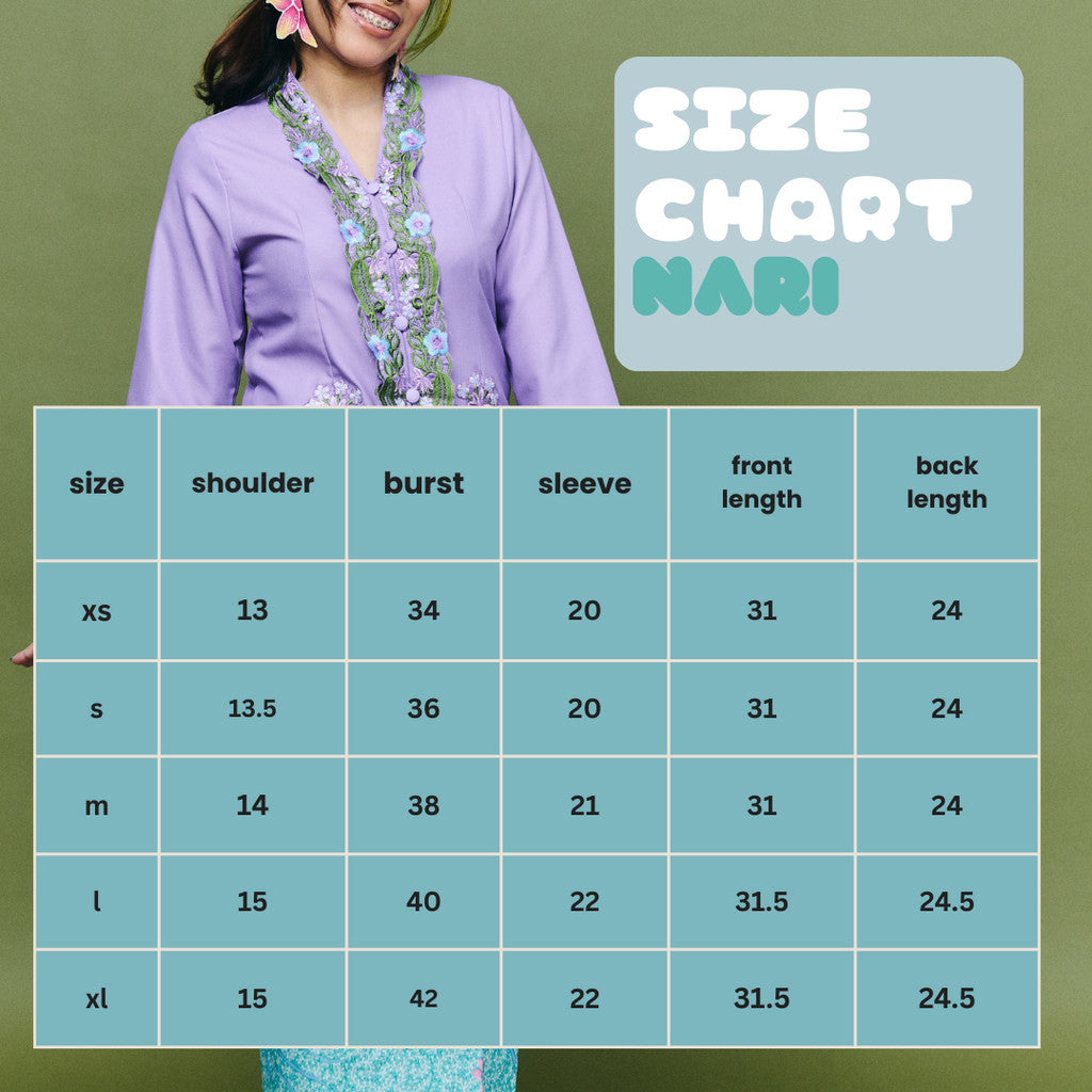 Size chart for Kebaya Nari - Top Only
