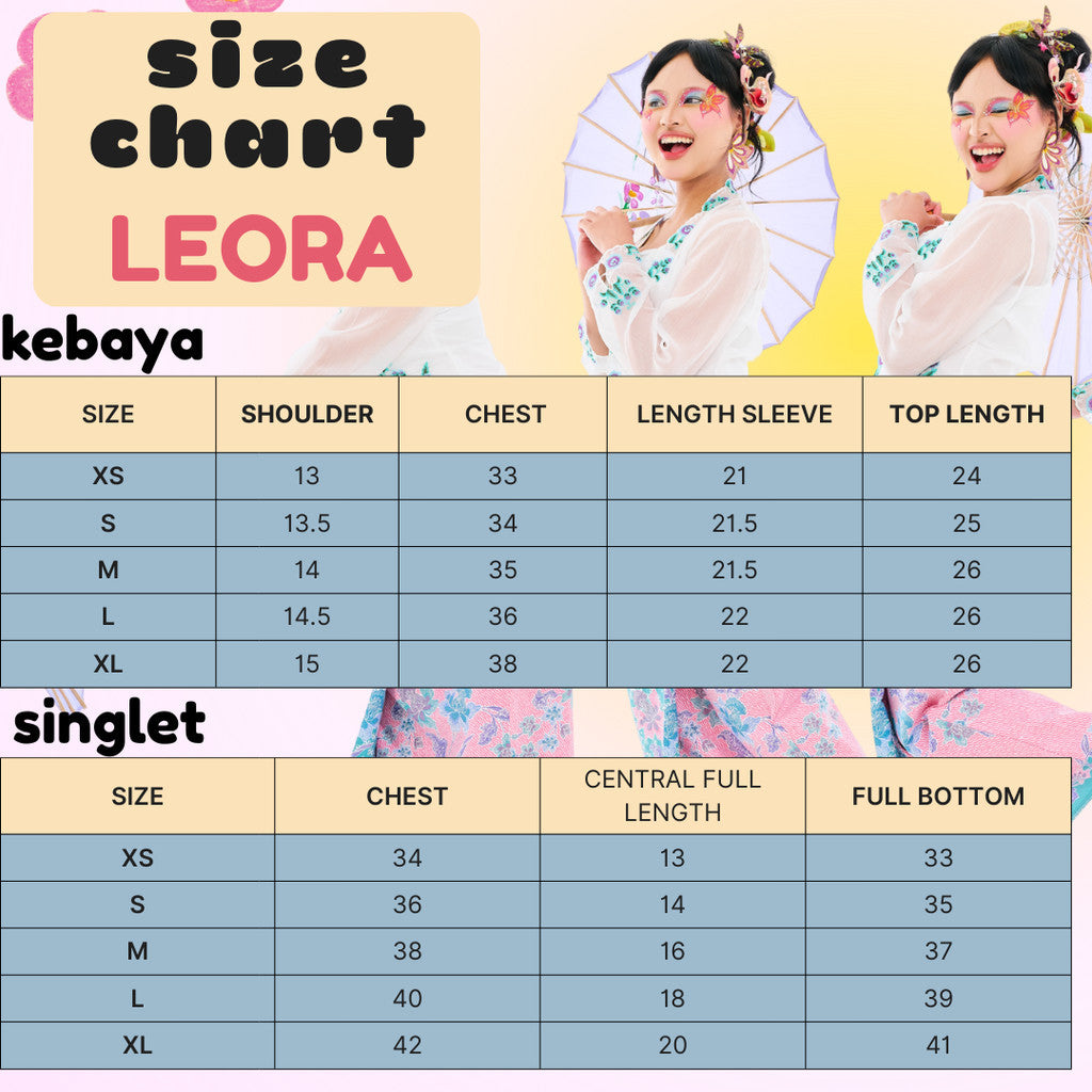 Size chart for kebaya Leora - Top Only