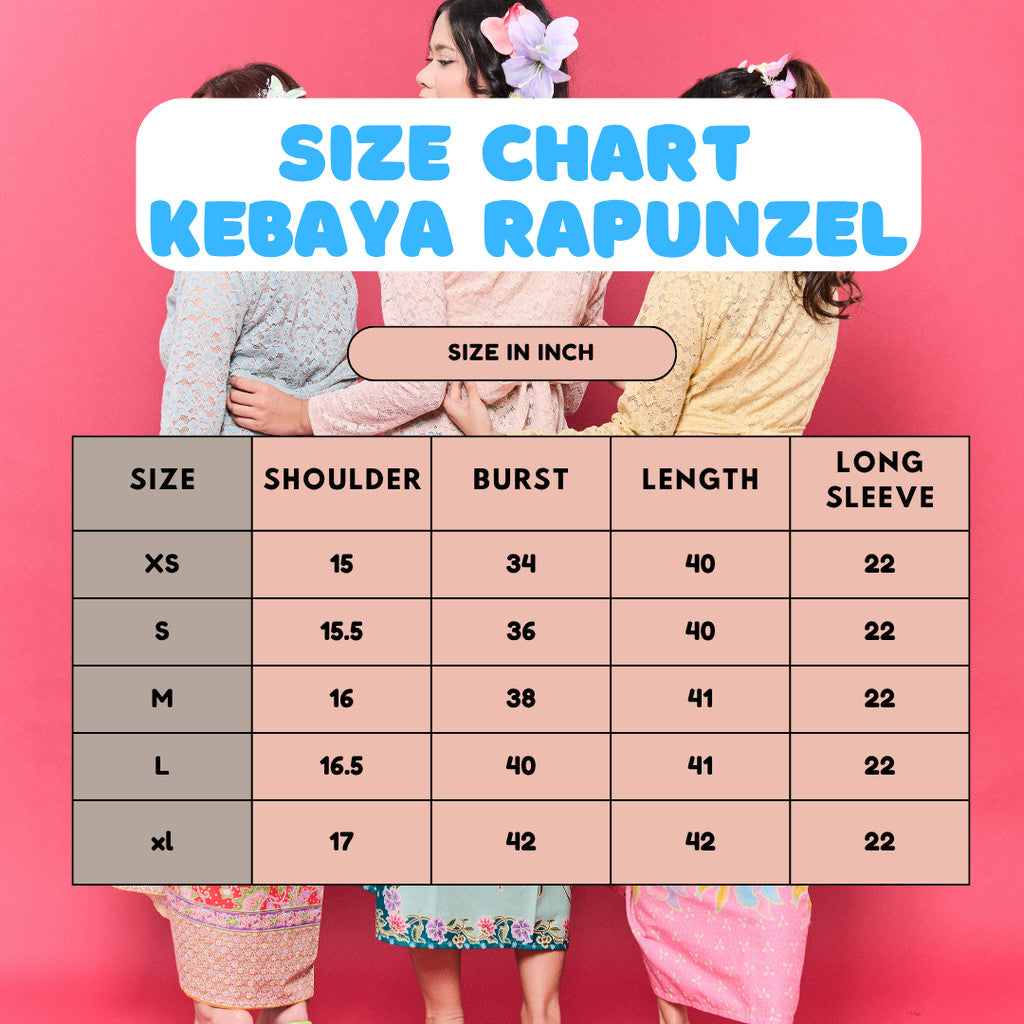 Size chart for Kebaya Top Rapunzel - Top Only