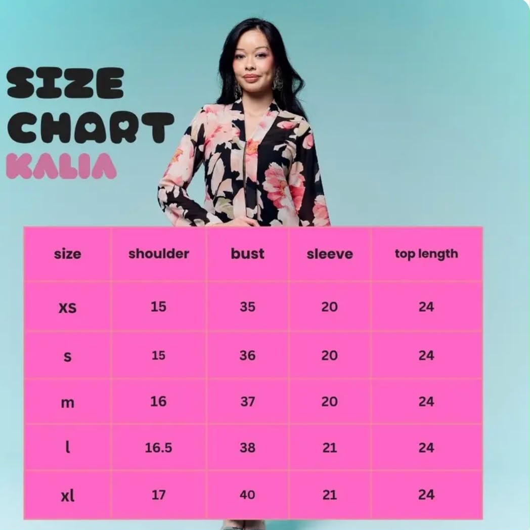 Size chart for Kebaya Kalia - Top Only